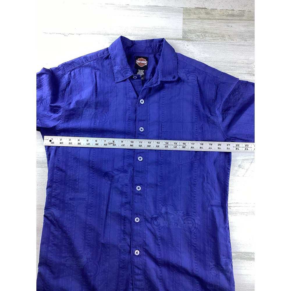 Harley Davidson Blue SS Mens Med Tone-on-Tone Motorcyle Graphics Button Up - Picture 12 of 12